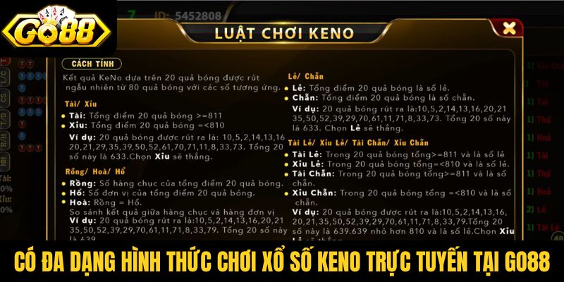 Có đa dạng hình thức chơi xổ số Keno trực tuyến tại Go88